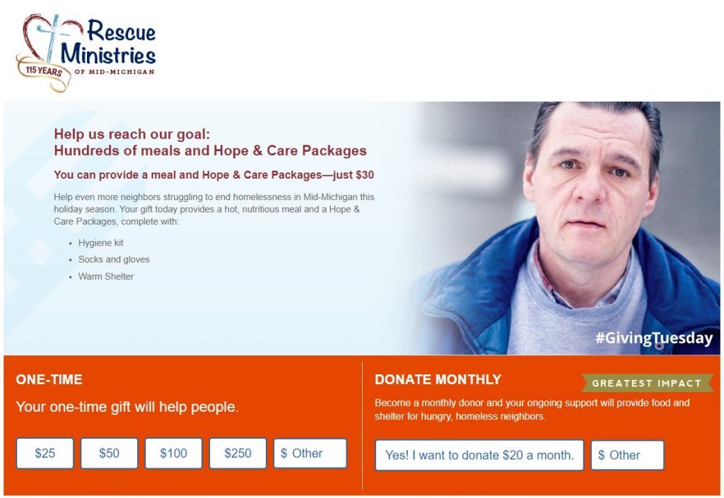 Image of Rescue Ministries of Mid-Michigan's Giving Tuesday giving day donation page featuring a client they serve and donation amount buttons.