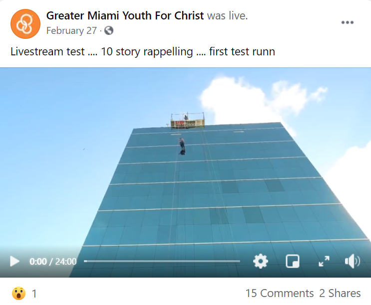 Over the edge events are great publicity and looks good on your social media pages. For example, this video embedded on Greater Miami Youth for Christ's Facebook page.