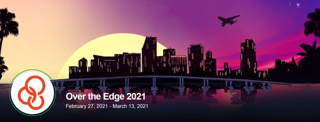 Greater Miami Youth for Christ's event banner for their hybrid event, Over the Edge. The banner depicts the Miami skyline at sunset.