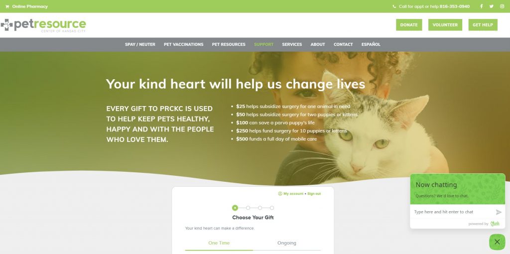 Pet Resource Center of Kansas City added a banner with an image and text to highlight how each donation amount makes an impact.