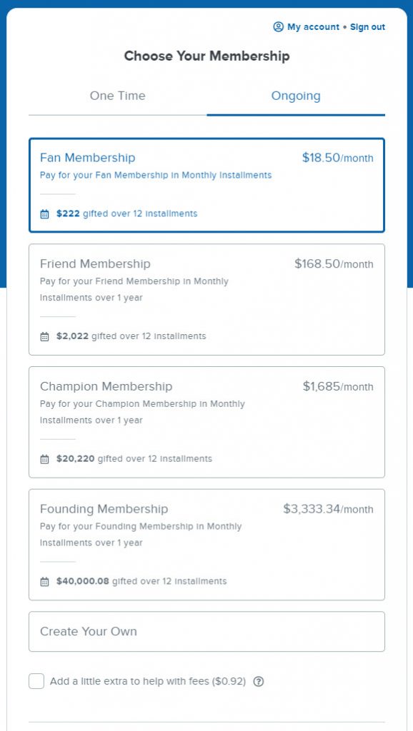 Image of a donation form with four monthly giving program options. Each plan represents a type of "Membership" ranging in cost from $18.50 per month to $3333.34 per month.