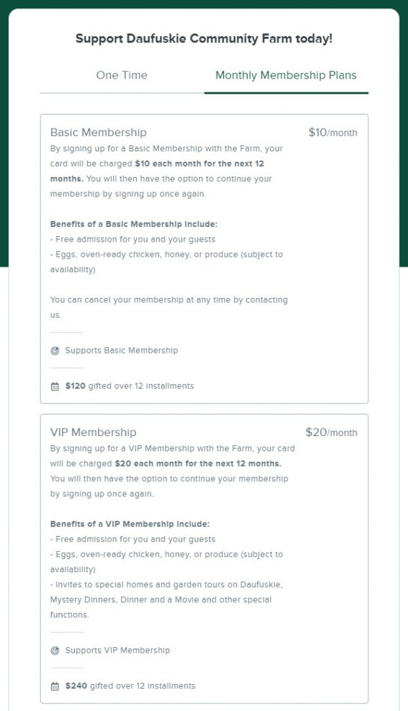 Image of a donation form with two giving plan options for two different membership levels. The additional description for each membership explains the benefits of that membership level. 
