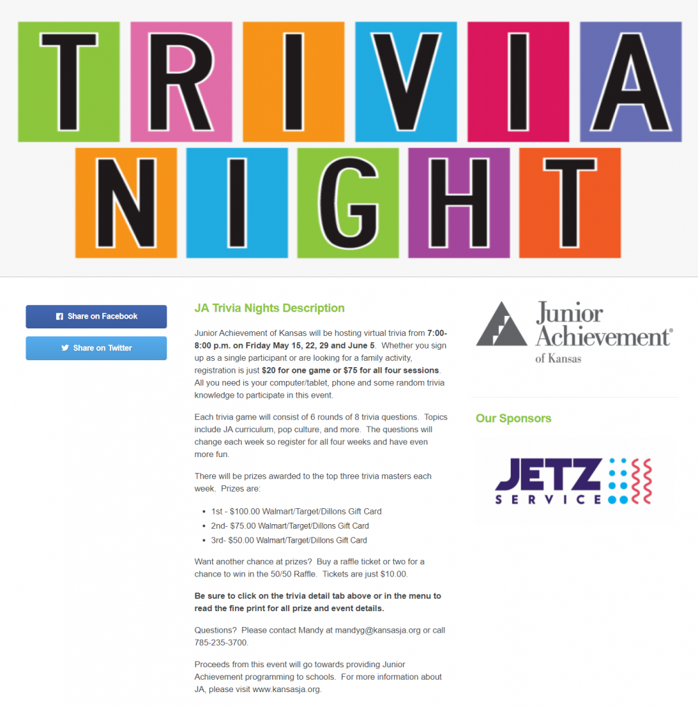Image of a peer-to-peer event fundraising page for Junior Achievement of Kansas that tells about their virtual trivia night.