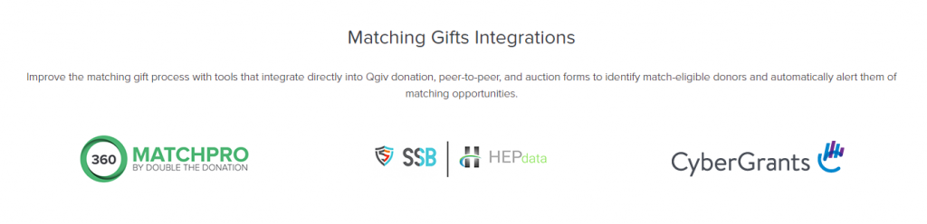 Image showing logos for Qgiv matching gift integrations with Double the Donation, HEP Data, and Cyber Grants.