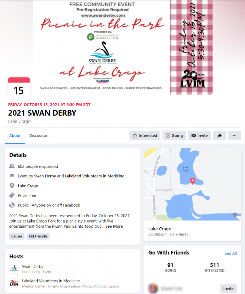 Lakeland Volunteers In Medicine 2021 Swan Derby Facebook event page.