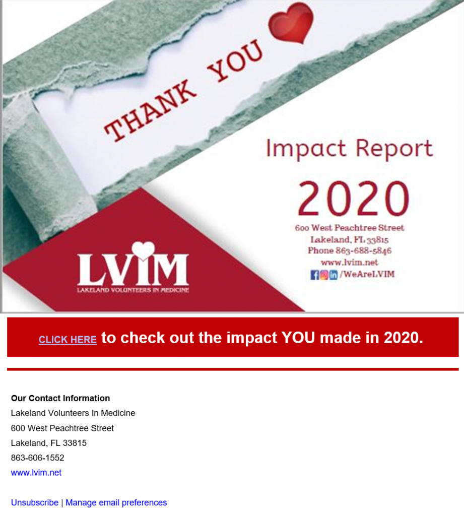 Screenshot of Local client, Lakeland Volunteers In Medicine's annual impact report email they send to new and existing supporters.