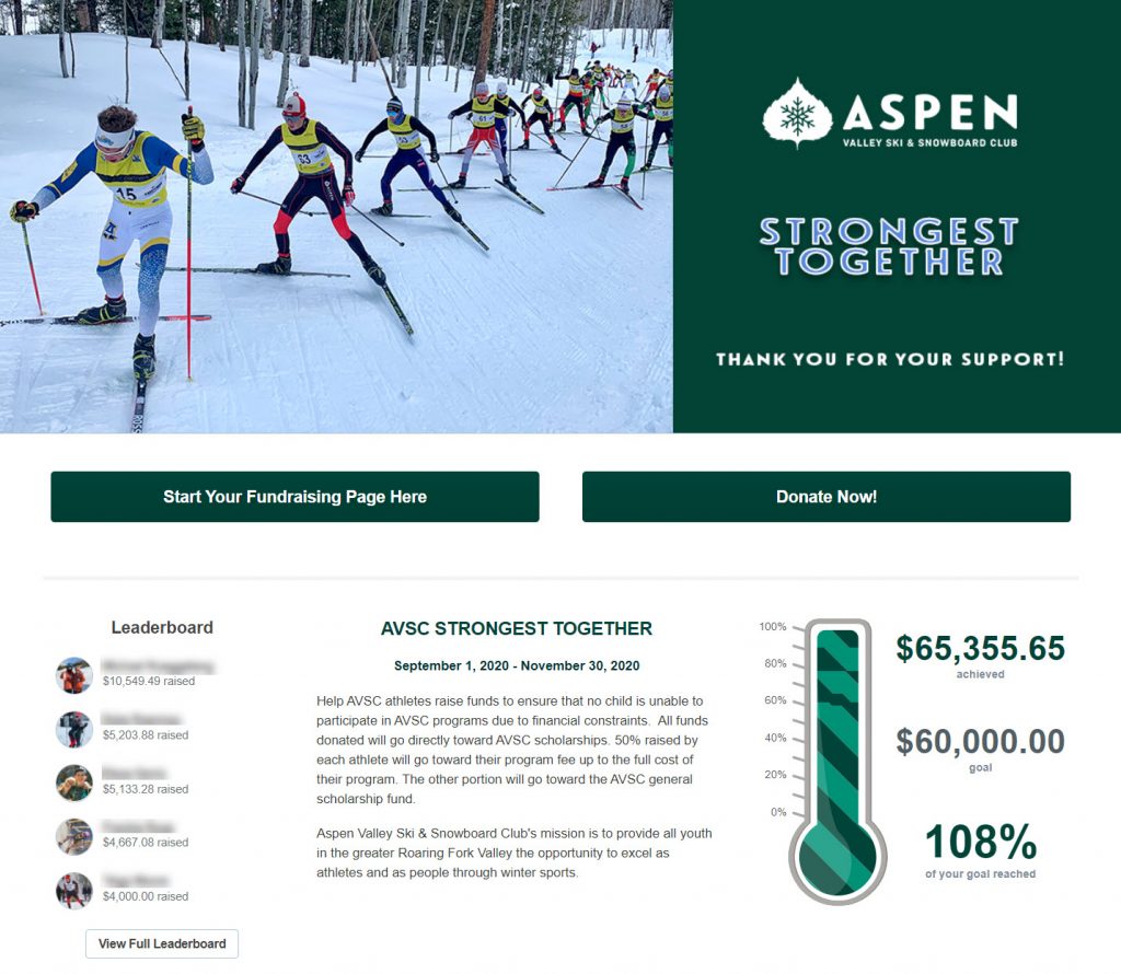 Aspen Valley Ski & Snowboard Club Peer-to-Peer Fundraising Event Page.
