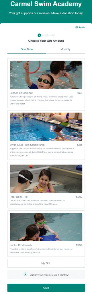 Carmel Swim Academy online donation form with images showing impact of gifts at various donation amounts. Each gift corresponds with a need fulfilled by that donation.