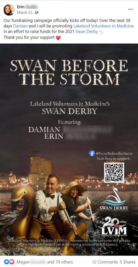 Swan Before The Storm made a funny mock movie poster to announce their upcoming participation in Lakeland Volunteers In Medicine's Swan Derby.