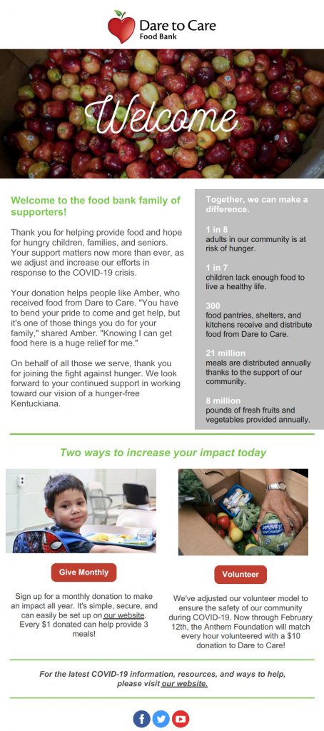 A Welcome Email from Dare to Care Food Bank that discusses their mission and why donors give in support of them.