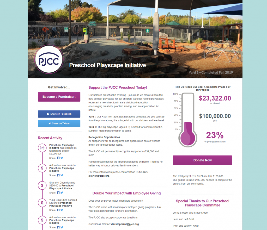 Peninsula Jewish Community Center's peer-to-peer fundraising event home page. It shows the progress toward their goal of raising $100,000 for a construction project.