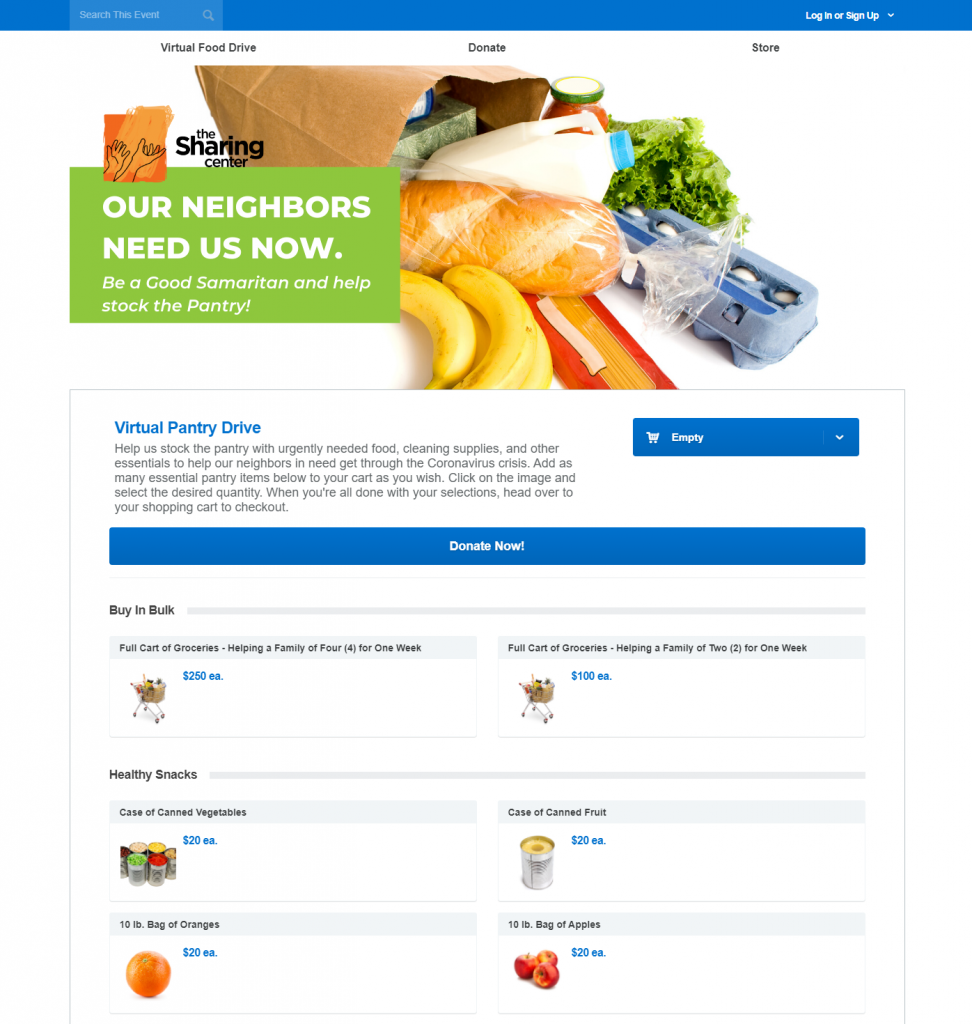 The Sharing Center's virtual pantry that simulates shopping in a store. It contains categories of food and household essential items that supporters can purchase to support the organization.
