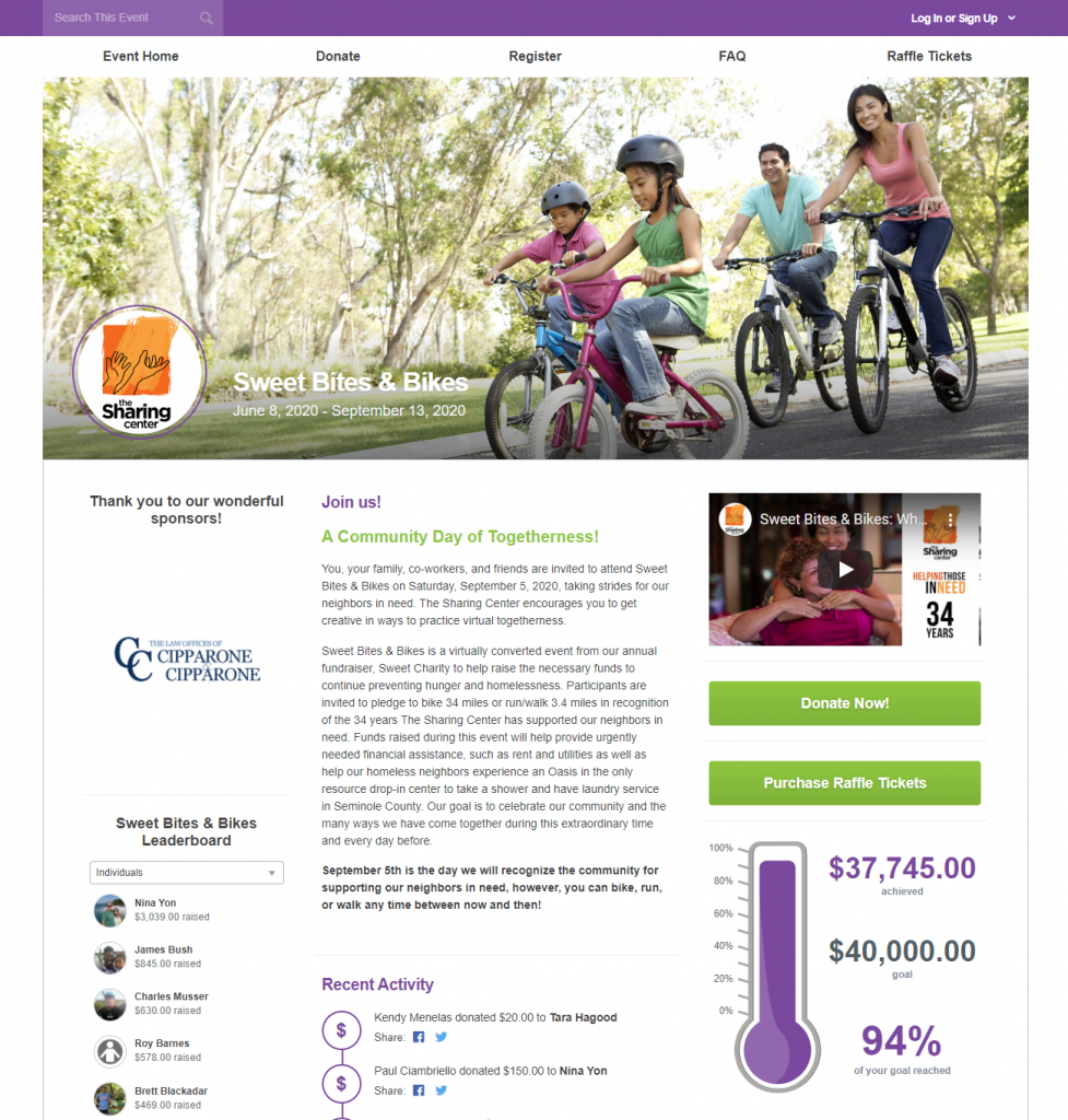 The Sharing Center's peer-to-peer event page for their Sweet Bites and Bikes event. It explains the event and shows the progress toward their fundraising goal.