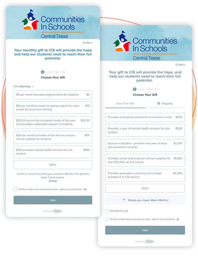 The two different donation forms used by Communities in Schools Central Texas to solicit one-time and recurring donations from donors.