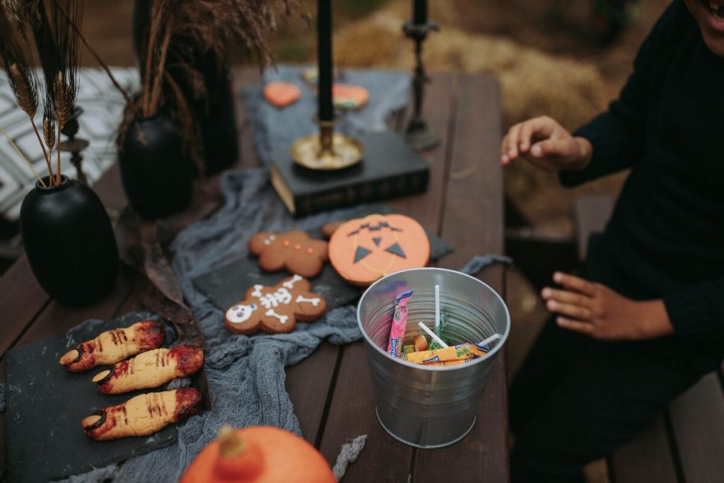 Halloween cookies and candy bucket