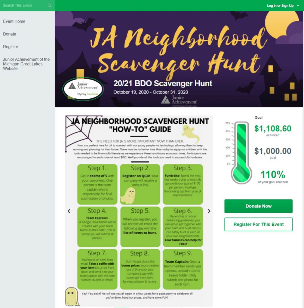 Scavenger hunt fundraiser event page with fundraising thermometer