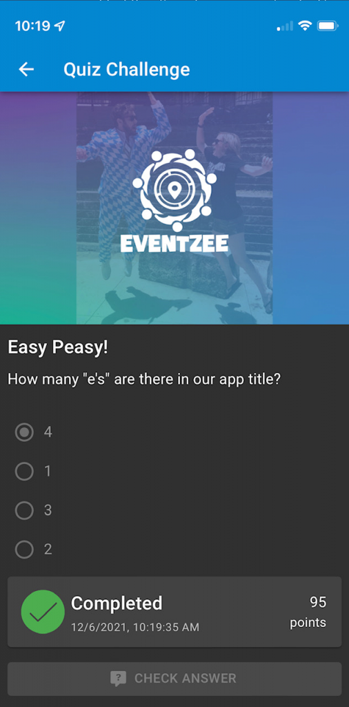 A Demo Quiz challenge example asking how many "e's" are in the app title with the correct answer, 4, selected.