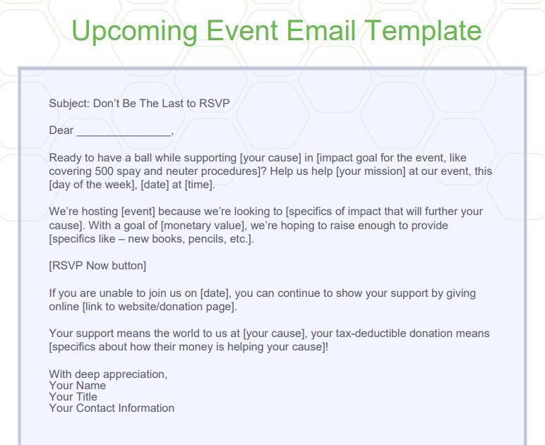 upcoming event email template for asking for donations with emails