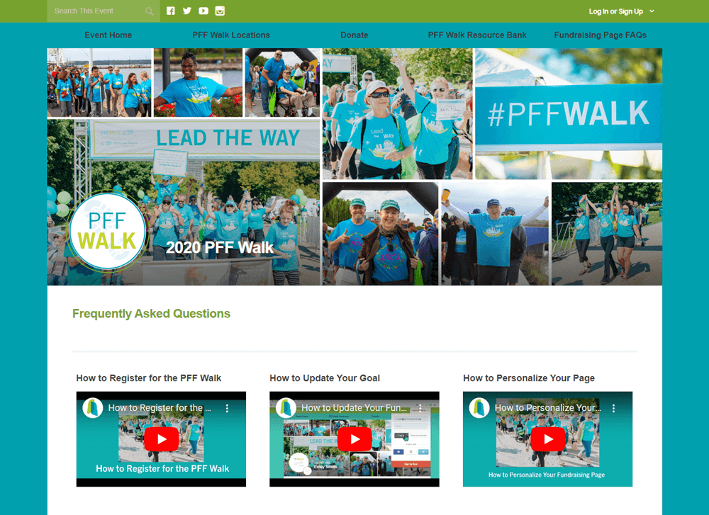 Screenshot of the Pulmonary Fibrosis Foundation's FAQ page for peer-to-peer participants. Header image is a collage of event participants. Body of page displays a series of how-to videos.