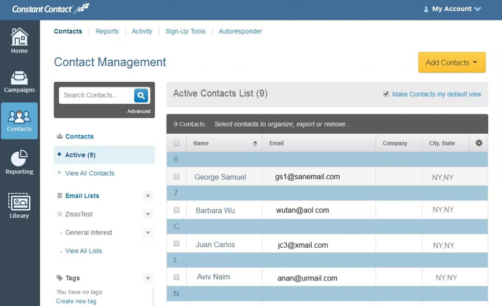 Constant Contact contact management dashboard