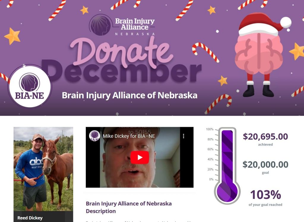 Screenshot of Brain Injury Alliance of Nebraska's Qgiv peer-to-peer Donate December campaign