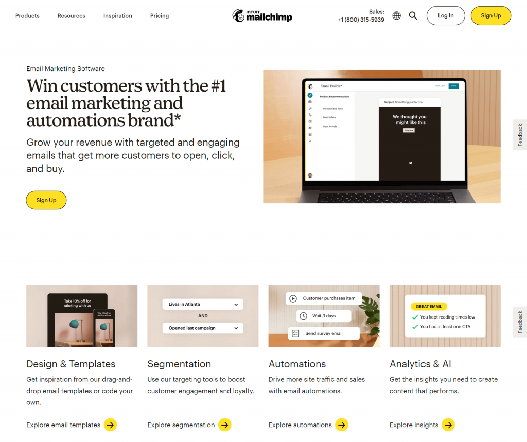 Screenshot of MailChimp website about their email marketing software