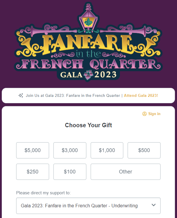 Fanfare in the French Quarter Gala 2023 donation page
