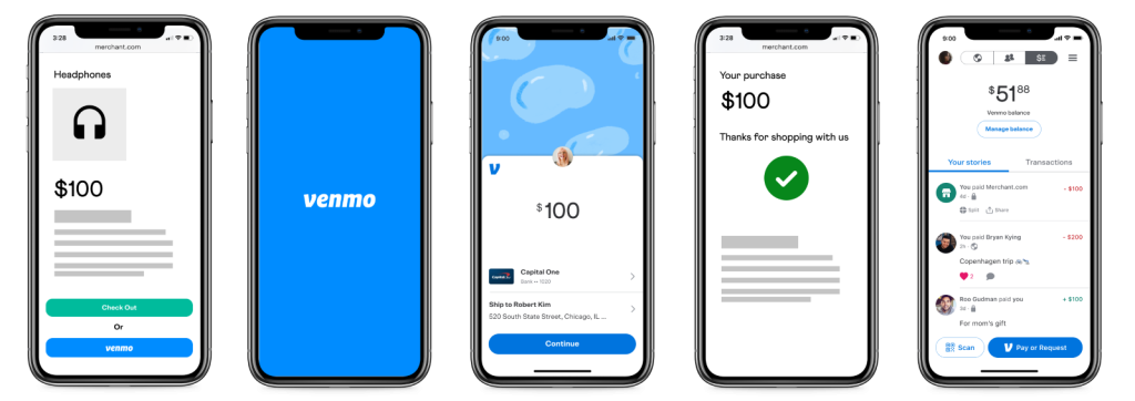 The steps to donating via Venmo shown on on mobile devices.