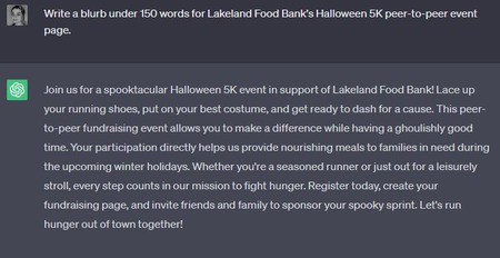 peer-to-peer copy for ChatGPT prompts for nonprofits for Lakeland Foods Banks's Halloween 5K