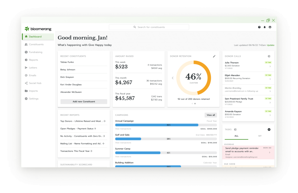 Bloomerang’s nonprofit CRM dashboard with information about reports, funds raised, donor retention, donor calls, campaigns, and tasks