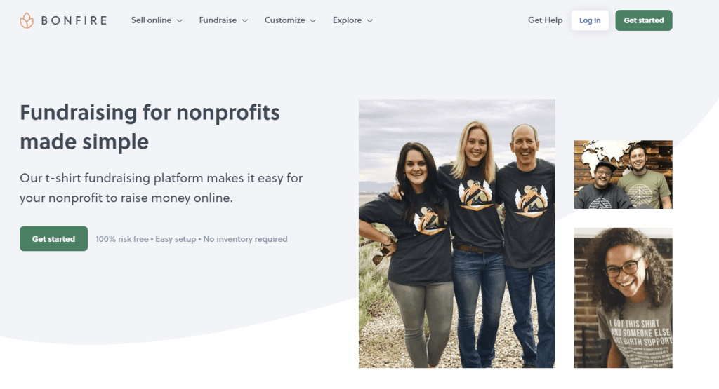 Homepage for Bonfire, a t-shirt fundraising platform