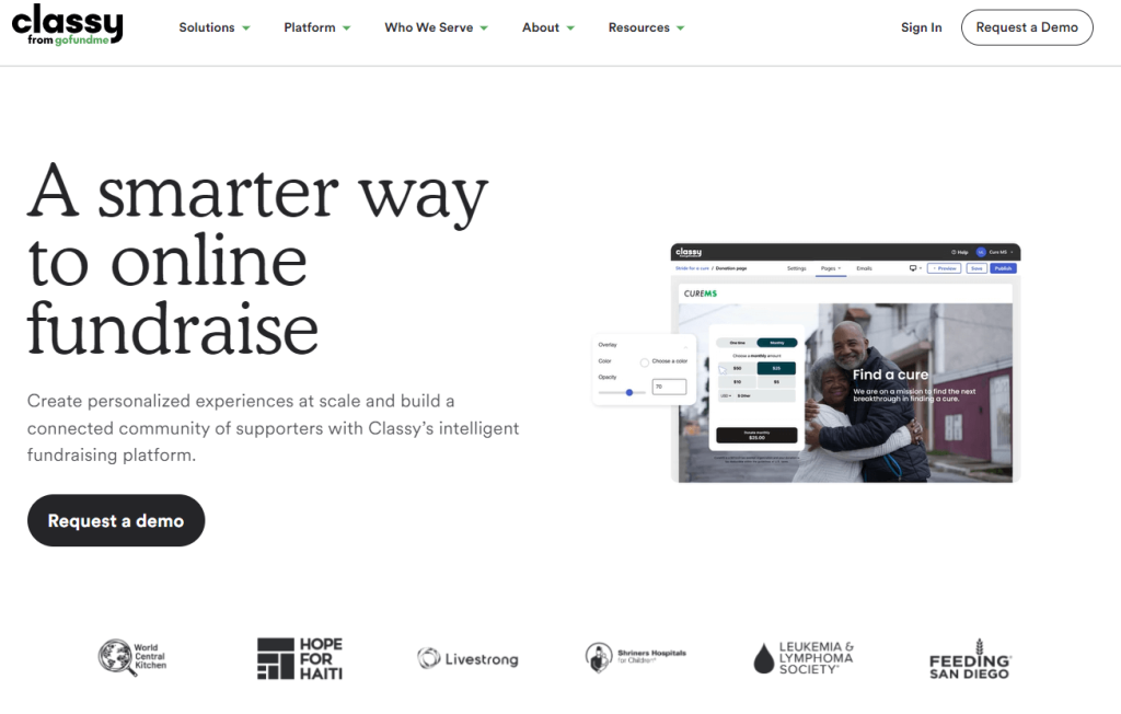 Homepage for Classy, an online giving platform