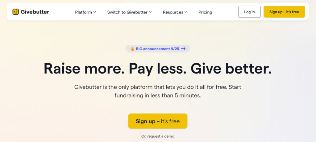 Homepage for Givebutter, an online fundraising platform