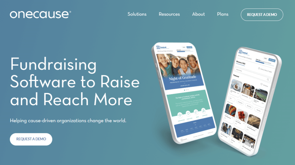 Homepage for OneCause, an online fundraising platform