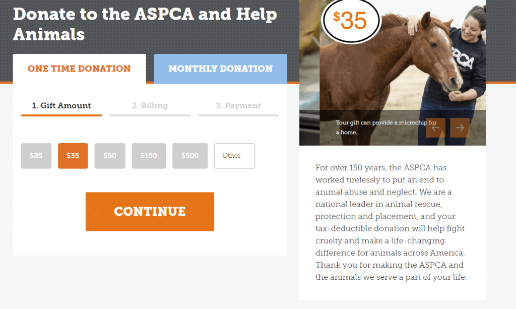 The ASPCA online donation page