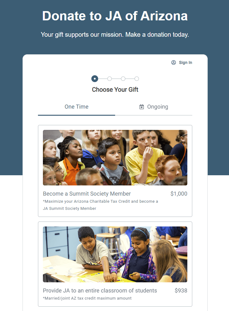 The JA of Arizona donation page with impact statements and photos for different giving amounts