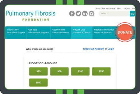 An example of a donate button highlighted on the Pulmonary Fibrosis Foundation website