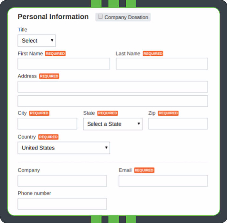 An example of a well-structured donation page, with form fields for names, addresses, emails, and more