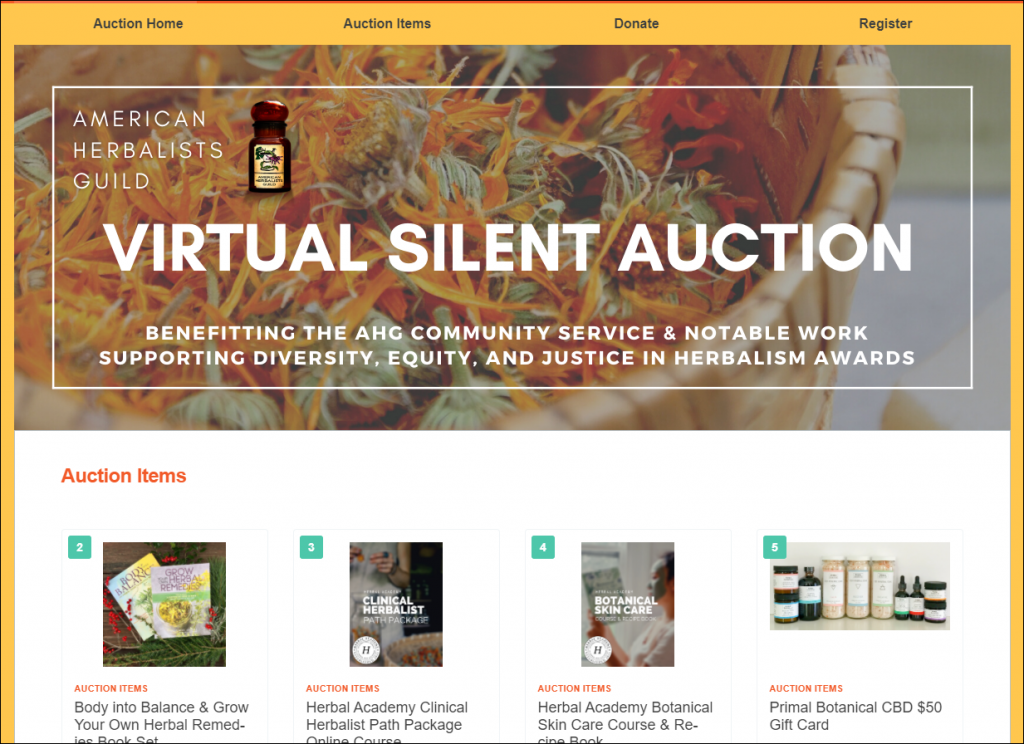 Screenshot of the American Herbalist Guild’s virtual silent auction and the items they offer.