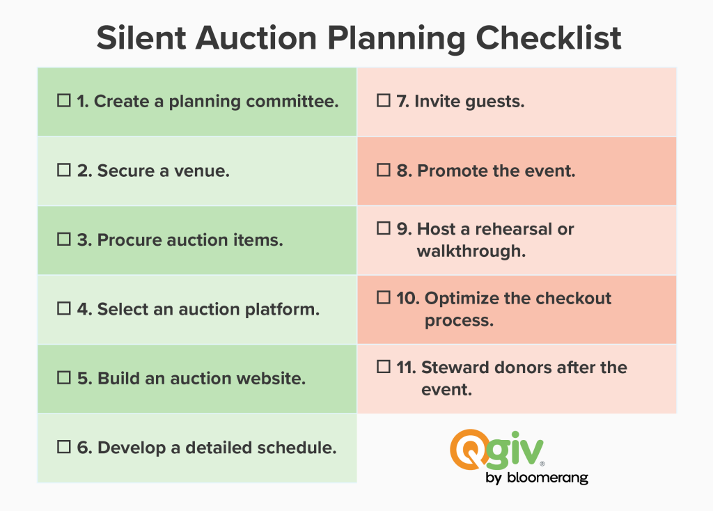 Silent auction planning checklist, with the 11 steps highlighted in the sections below