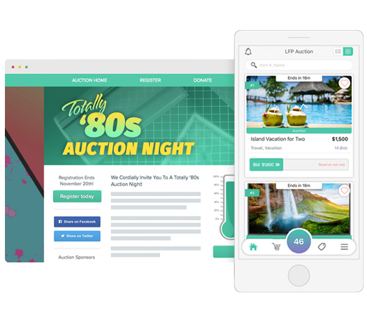 Example of an auction website for a Totally ‘80s Auction Night shown on a desktop and mobile screen