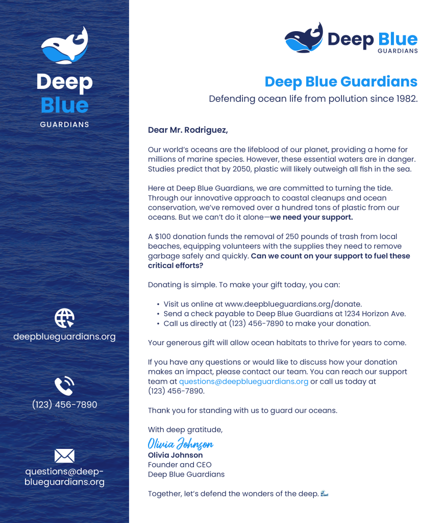 Donation request letter example from a fake nonprofit called “Deep Blue Guardians” asking recipients to donate in support of trash cleanups to remove pollution from local beaches