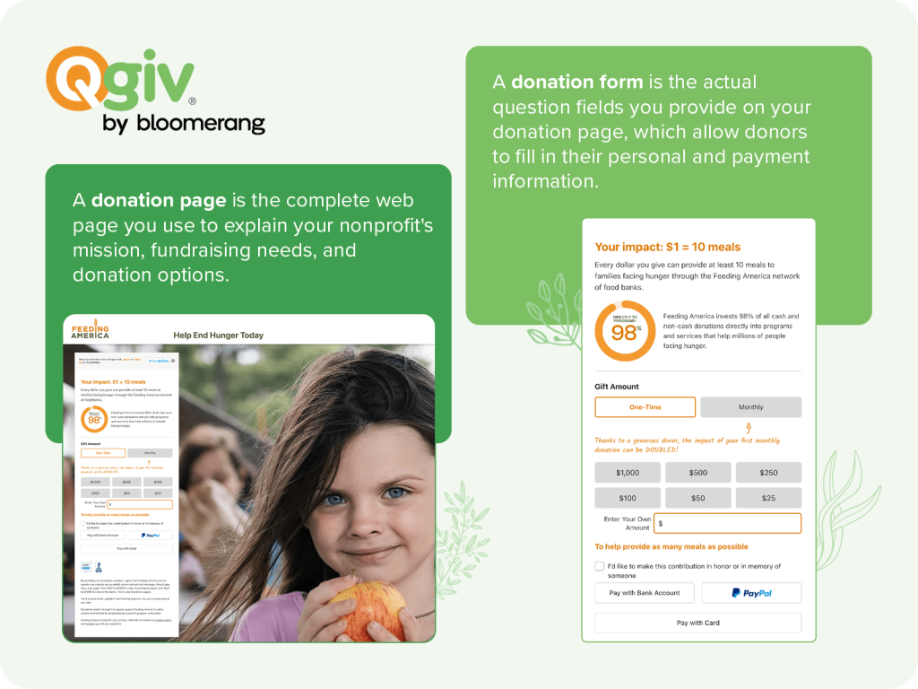 The difference between a donation page and a donation form (explained above) 